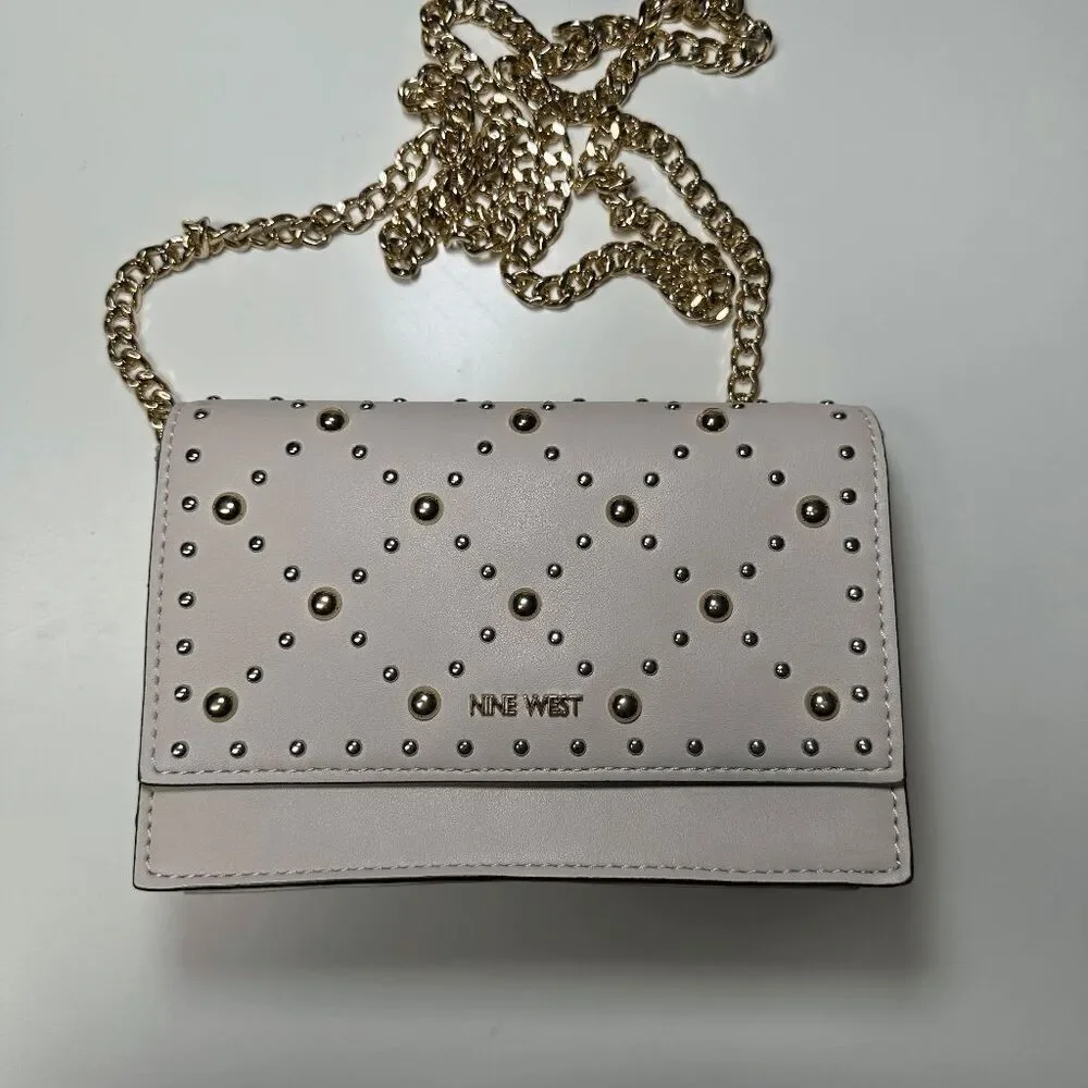 NINE WEST Studded Wallet Clutch Chain Strap‎ Beige Small Purse